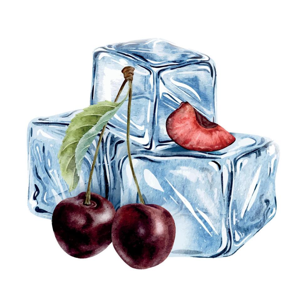 Pair of Red cherry berries, slice cherry fruit and stack frozen ice cubes. Isolated Hand drawn watercolor illustration. Summer composition for packaging of goods, menu, posters, cards vector