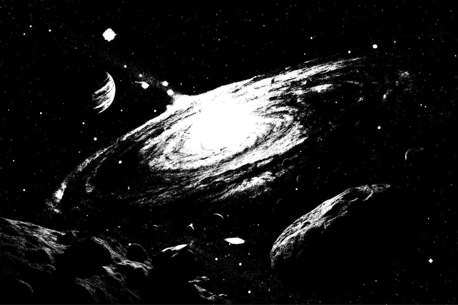 The black and white image shows a black and white image of a galaxy vector