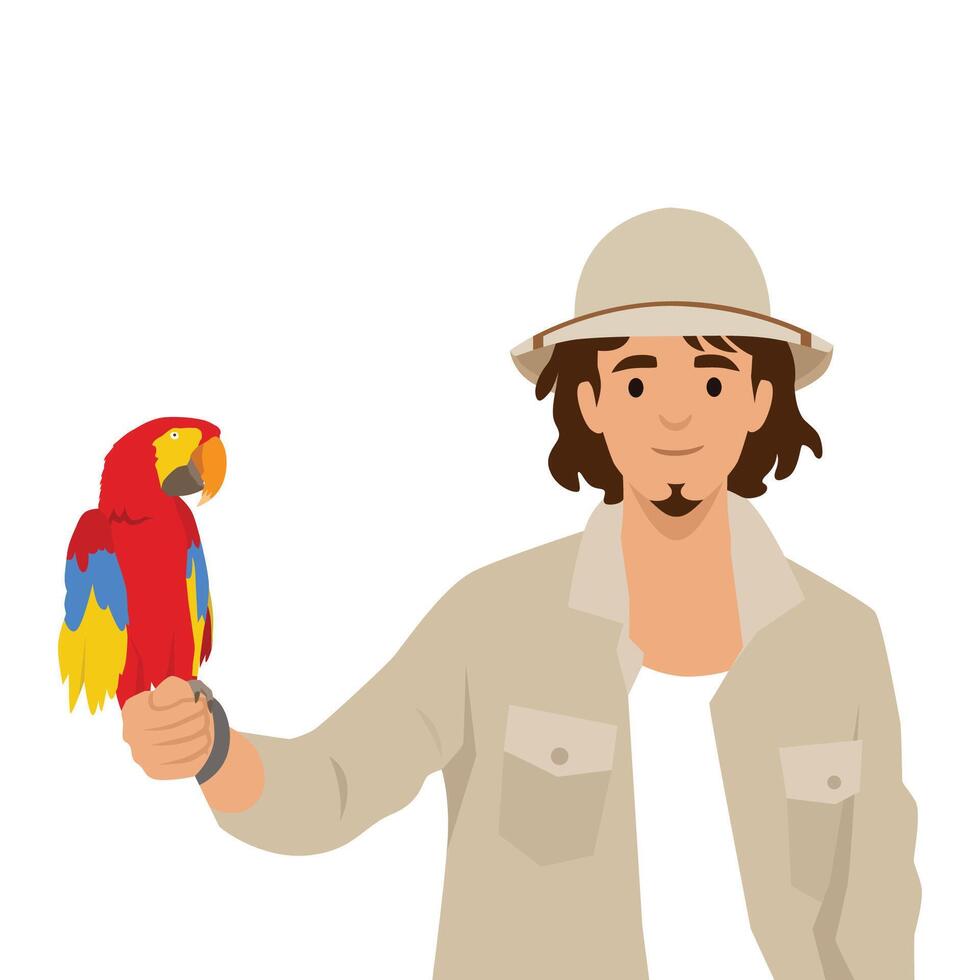 Macaw sits on his owner hand. Young man feeds ara, plays with pet bird in petting zoo. vector