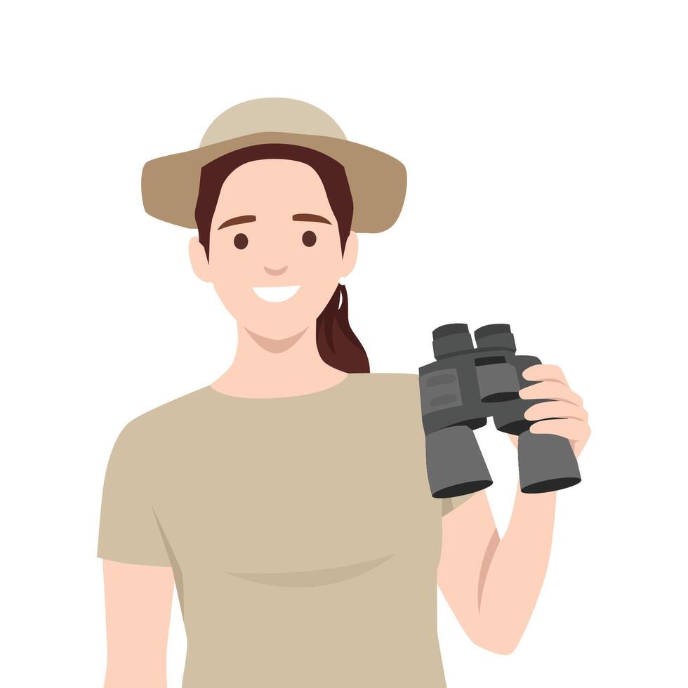 Young woman Dressed in a Safari Outfit Holding a Pair of Binoculars. vector