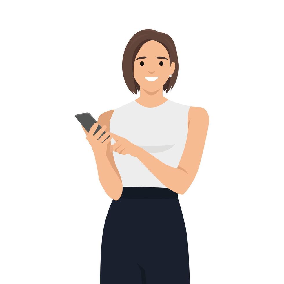 Young woman holding and staring at mobile phone. vector