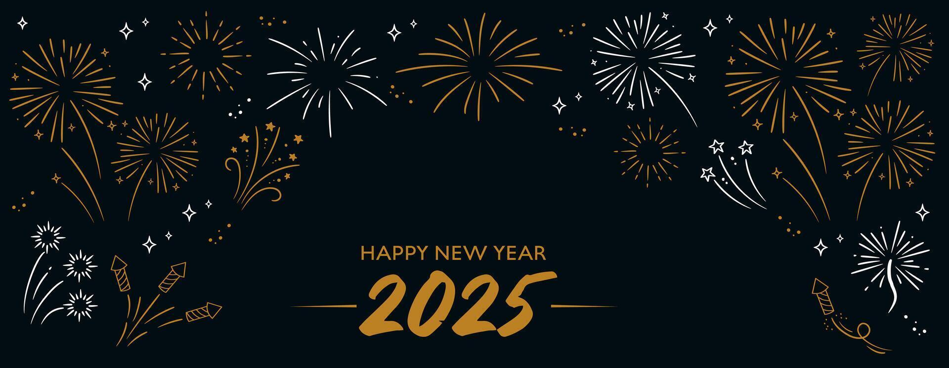 2025 Happy New Year. Golden and white fireworks on dark background. Holiday banner template. vector