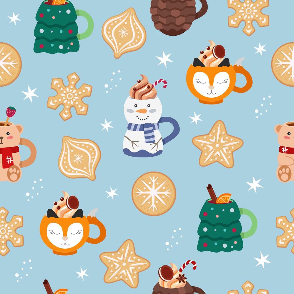 Christmas seamless pattern with cute cups with drinks, gingerbread cookies. Cute illustration in cartoon style. vector