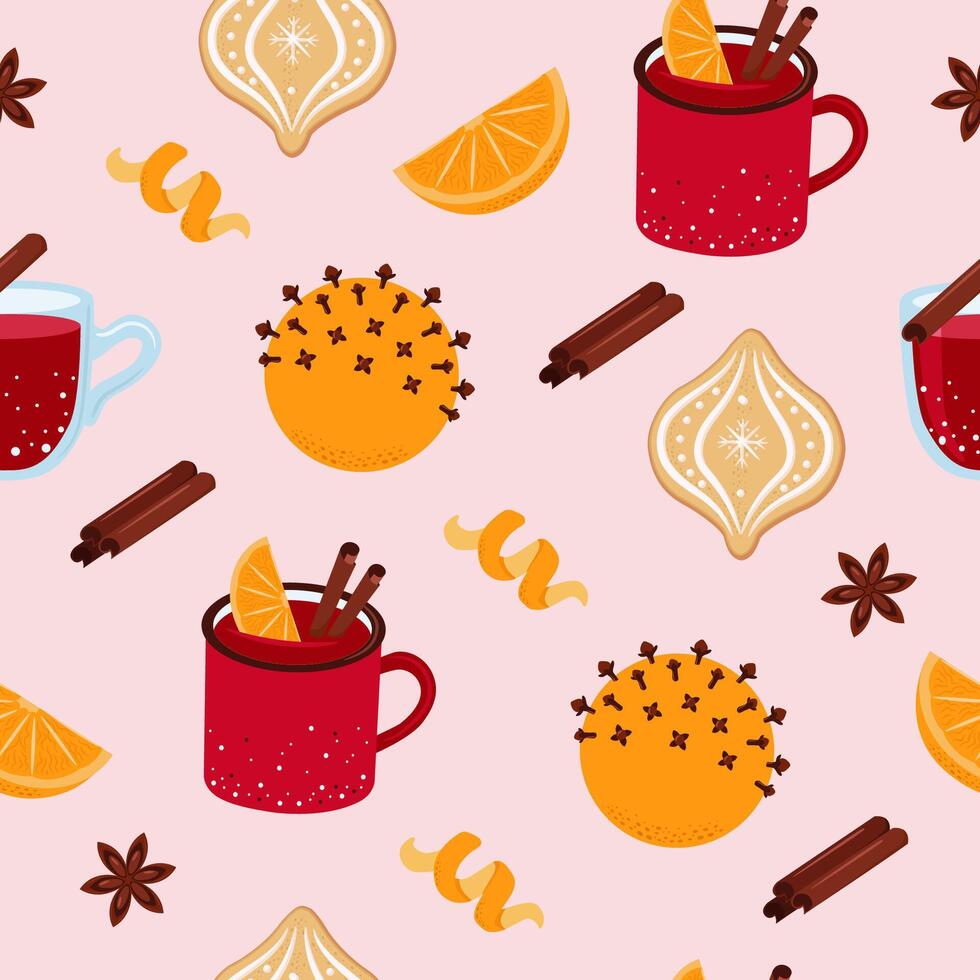 Christmas seamless pattern with mulled wine, orange, gingerbread cookies and spices. Cute illustration in cartoon style. vector