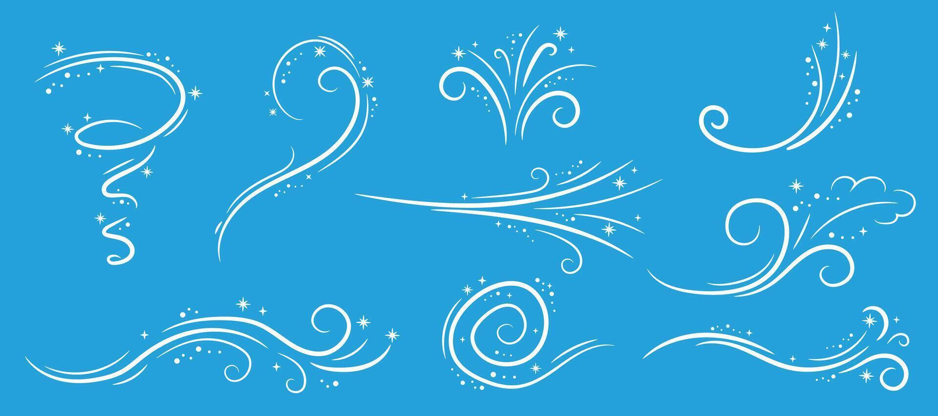 Winter wind doodle illustration set on blue background. Frosty curly pattern with snow vector