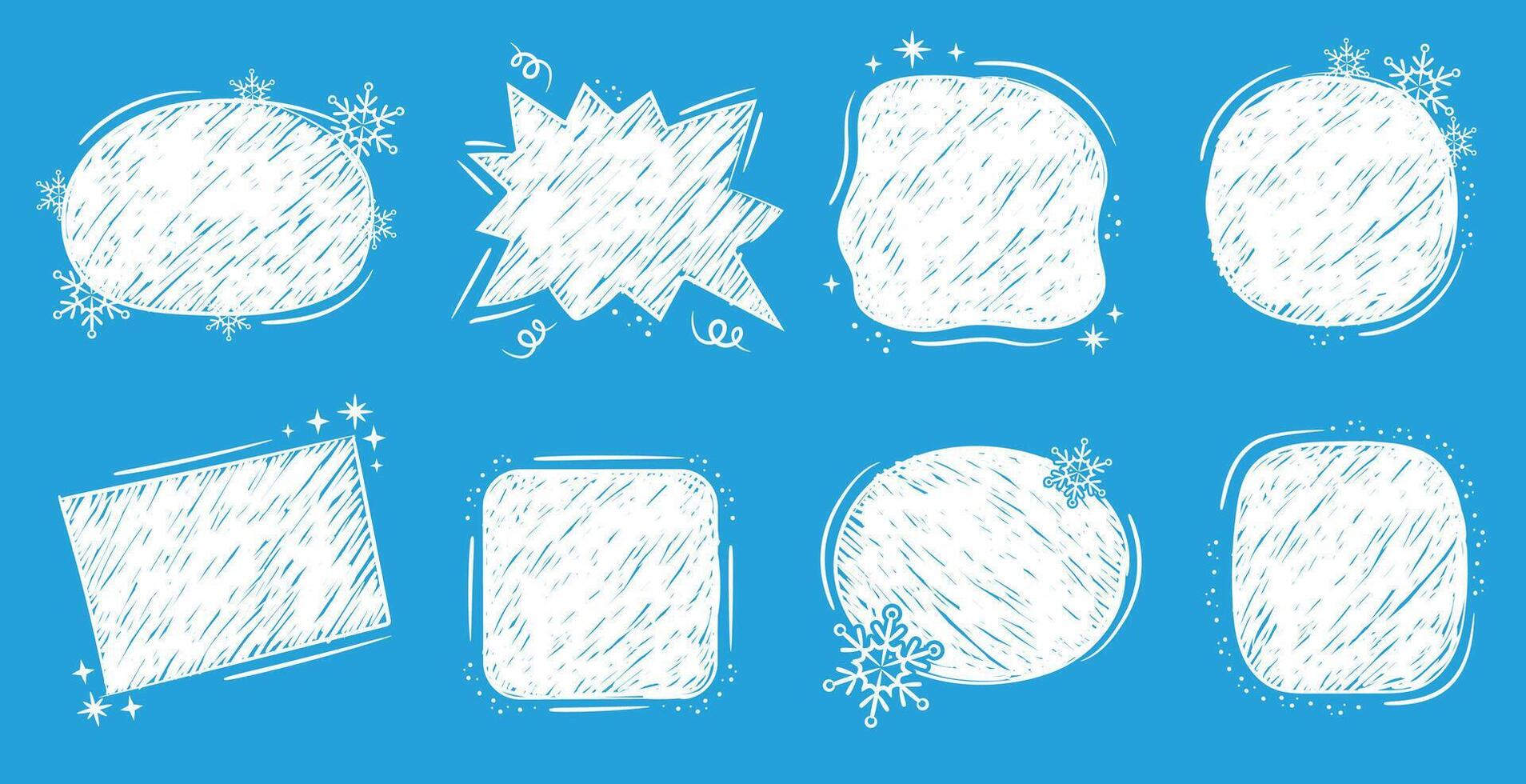 Winter snow decoration hand drawn text blocks. Set of hand drawing Christmas or New Year banners on blue background. vector