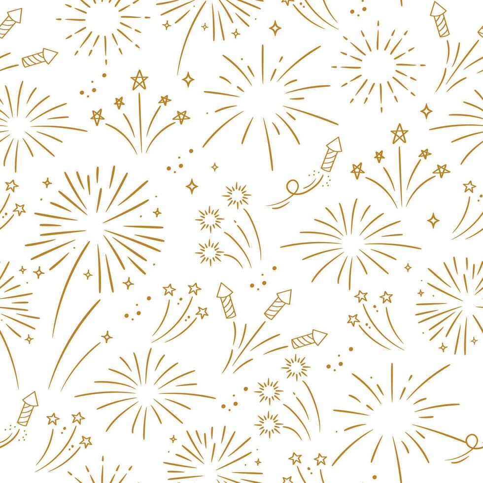 Golden fireworks with stars and sparks on white background. Seamless pattern. vector