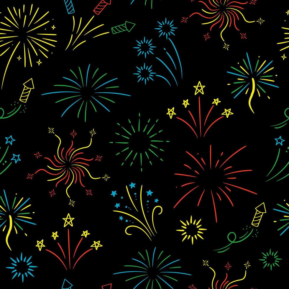Colorful fireworks with stars on black background. Seamless pattern. vector