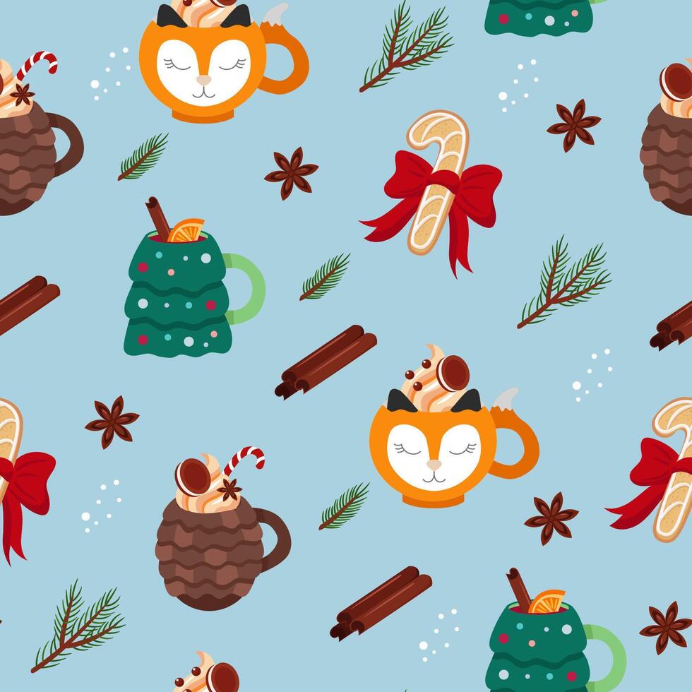 Christmas seamless pattern with cute animals cups with drinks, gingerbread cookies, cinnamon, anise. vector