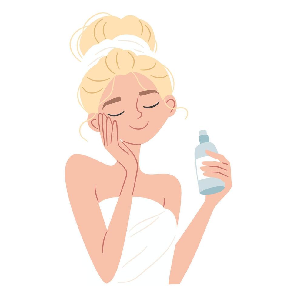 Lovely woman in towel with beauty product, self-care, self-love. Flat illustration, simple style, white background vector