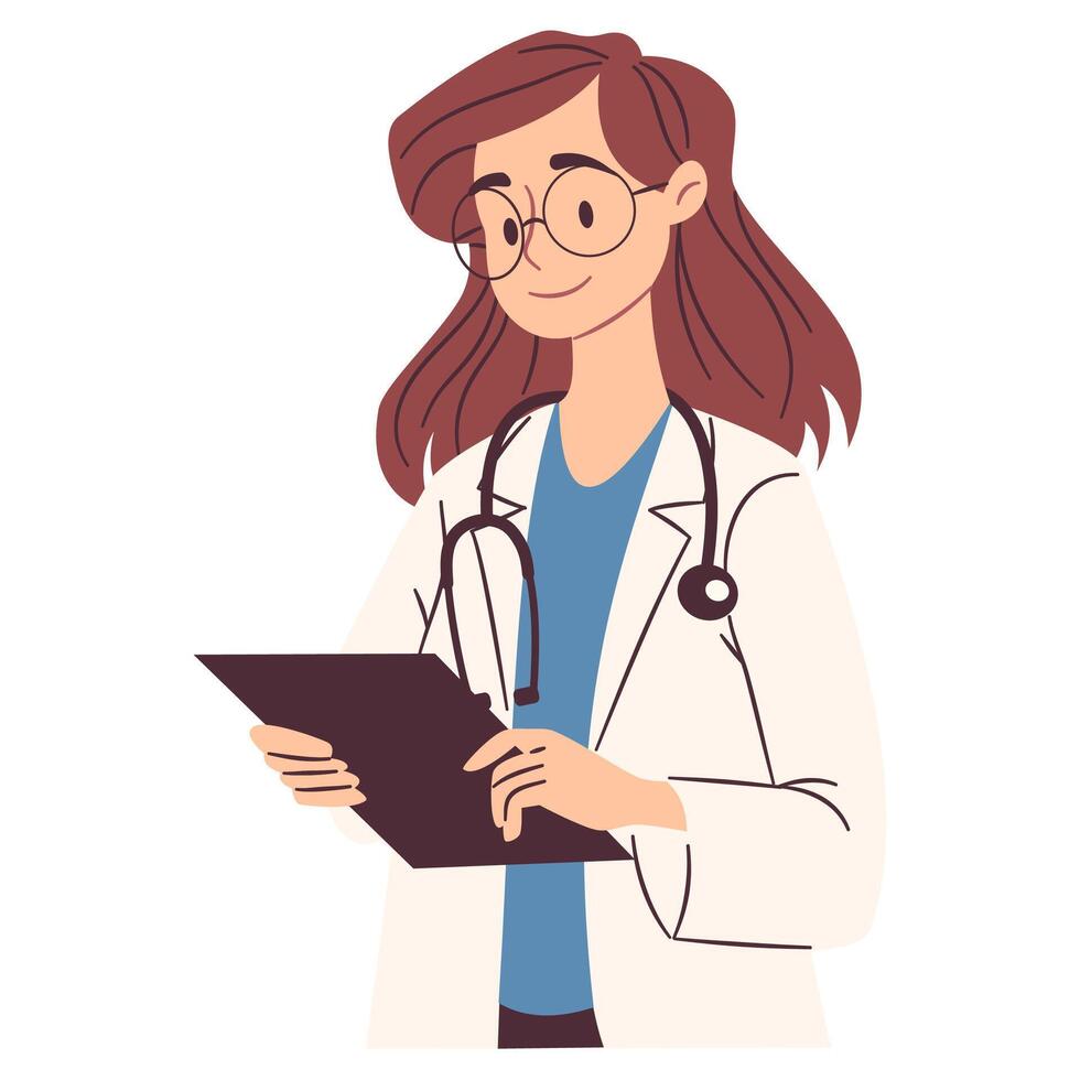 Female doctor writing something in notebook, listening to patient. Flat illustration, simple style, white background vector