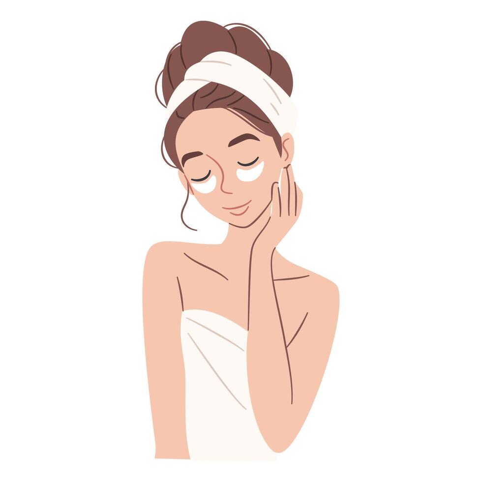 Cute woman in towel with patches under eyes, self care, self love. Flat illustration, simple style, white background vector