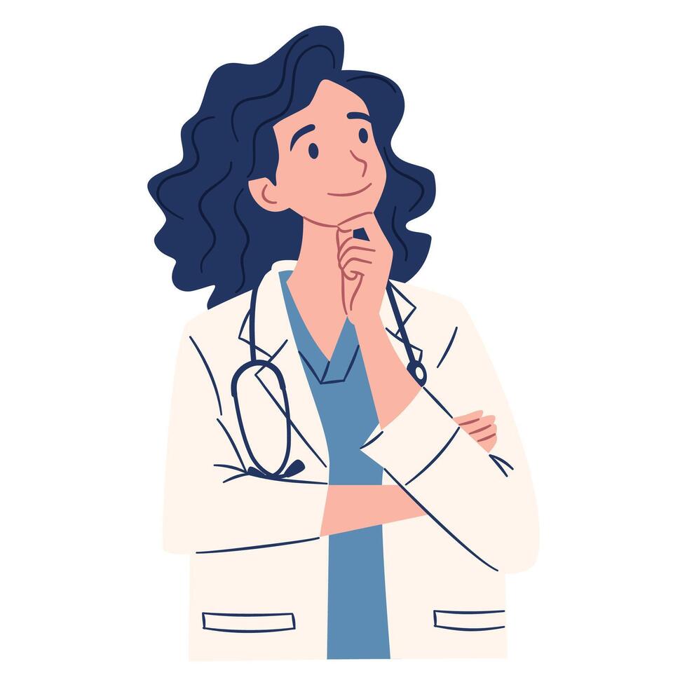 Female doctor with glasses in pensive pose, thinking, problem solving. Flat illustration, simple style, white background vector