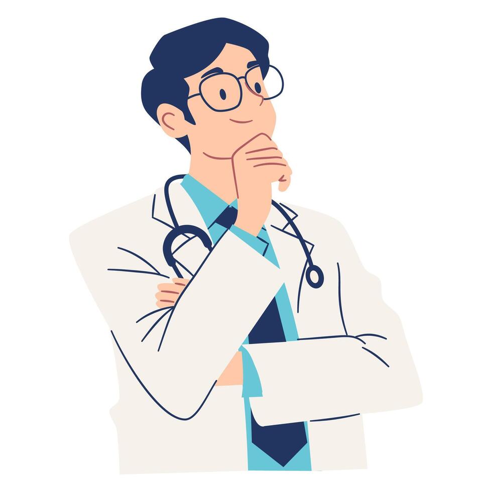 Male doctor with glasses in pensive pose, thinking, problem solving. Flat illustration, simple style, white background vector