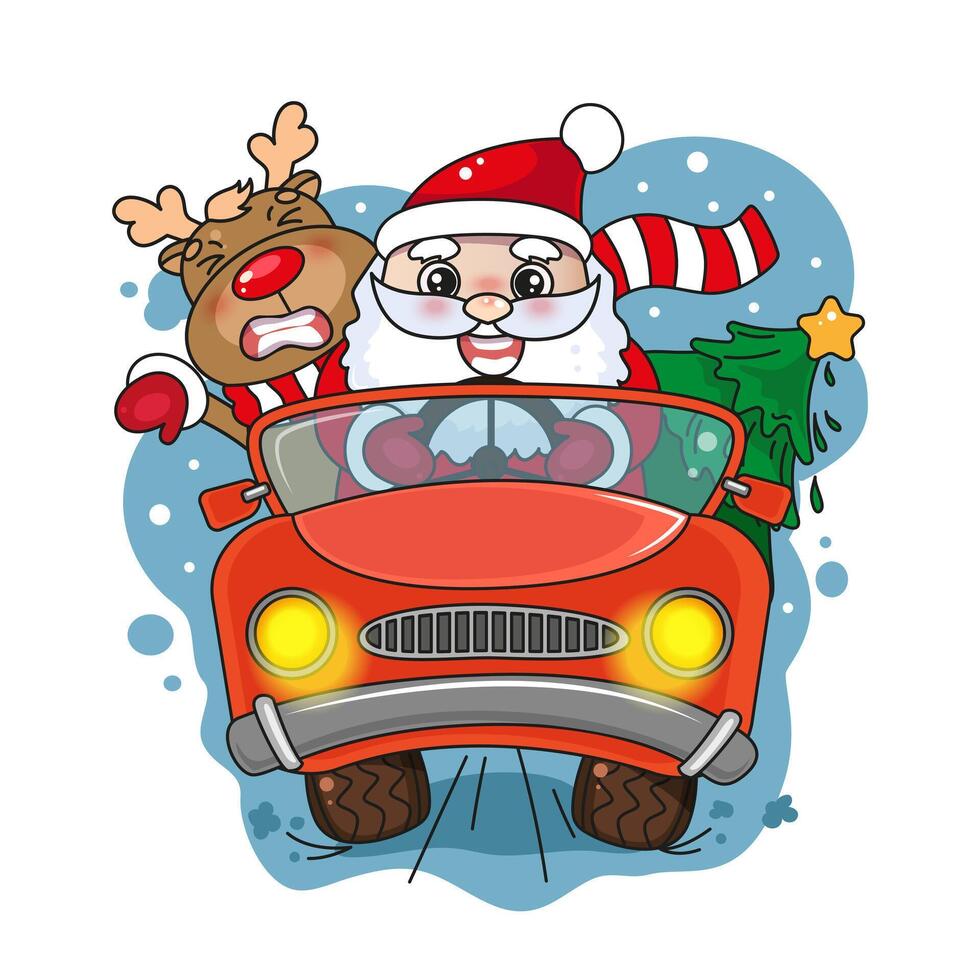 Christmas kawaii illustration with cute Santa Clause driving a red car with reindeer and presents vector