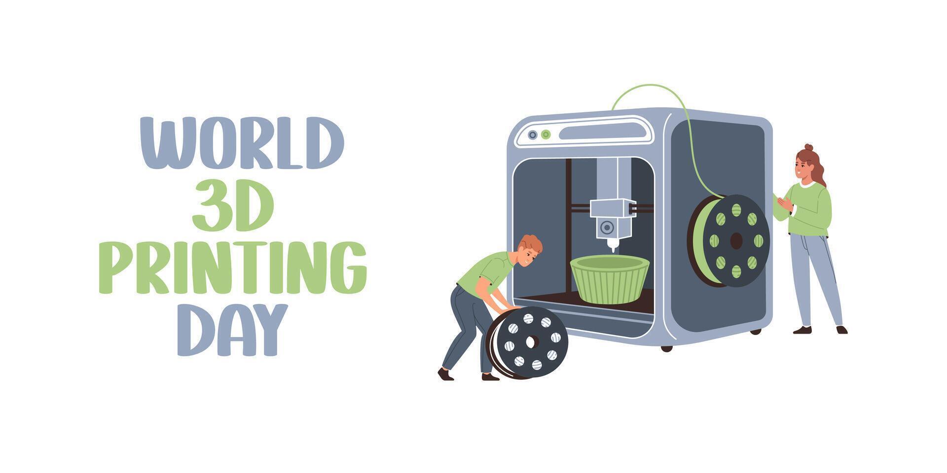 World 3d printing day. People operate and maintain 3d printer. Owners service 3d printing equipment. vector