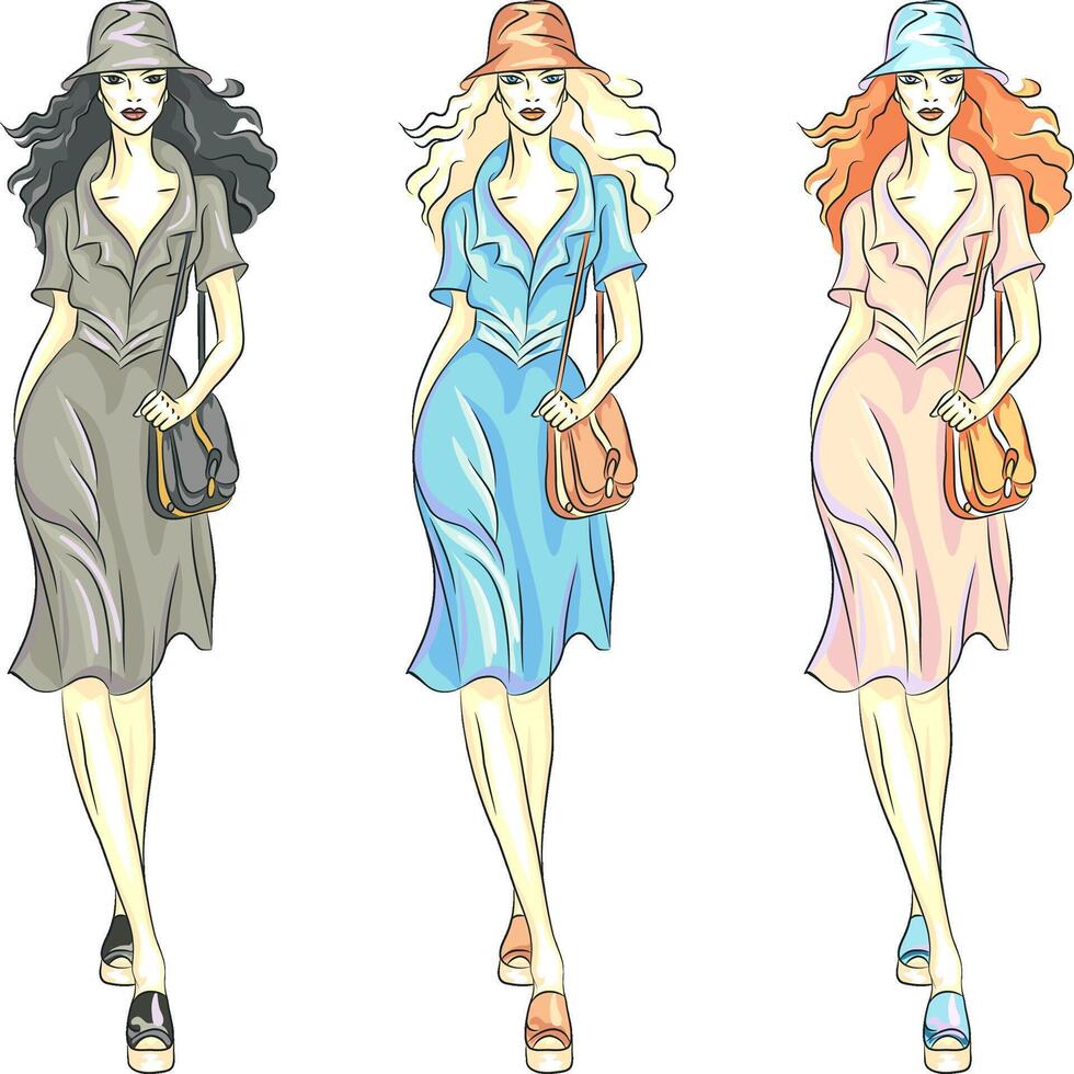 fashion girls top models in dresses and hats vector