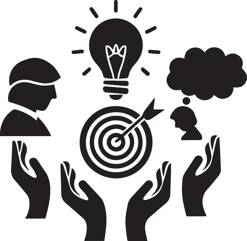 A silhouette image set on a white background, featuring a light bulb, a person's head with a thought bubble, a group of hands in a circle, and a goal target. vector