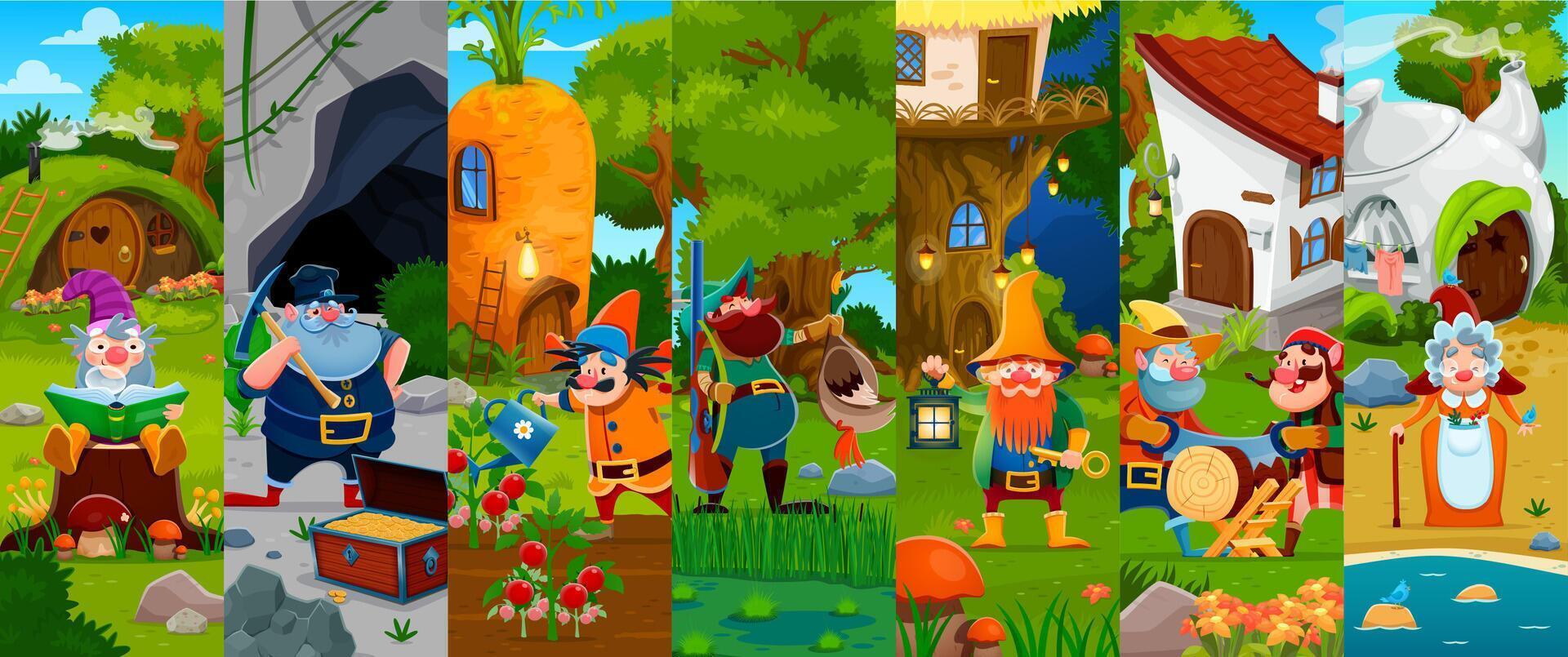 Fairytale cartoon gnomes, dwarf characters collage vector