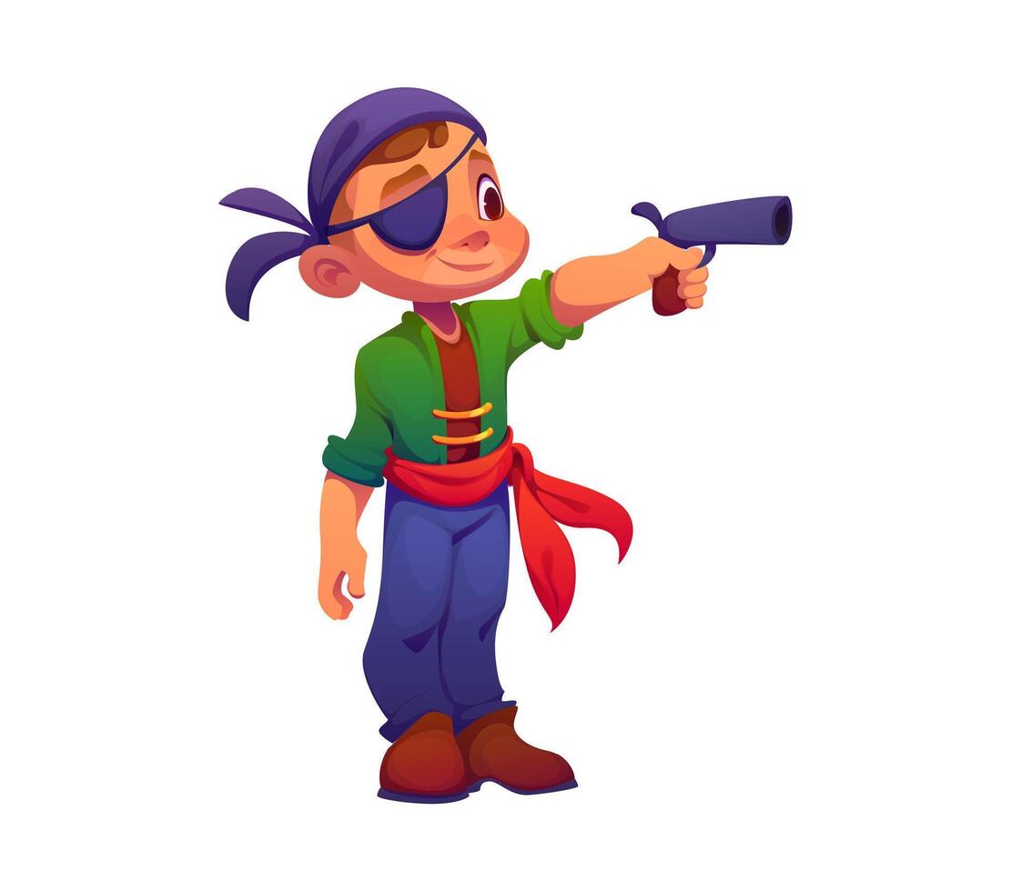 Cartoon kid boy pirate, corsair character with gun vector