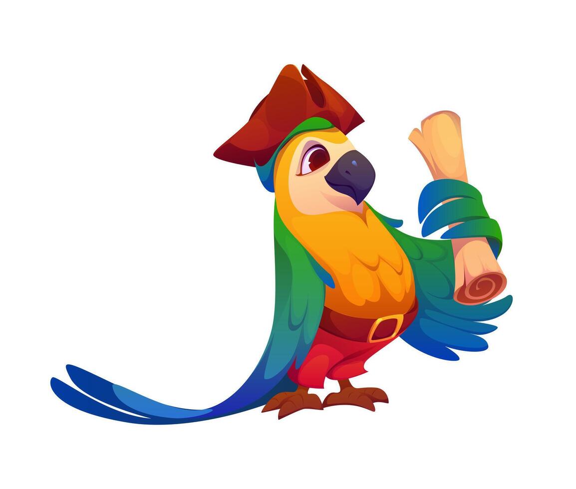 Cartoon parrot bird pirate character holding a map vector