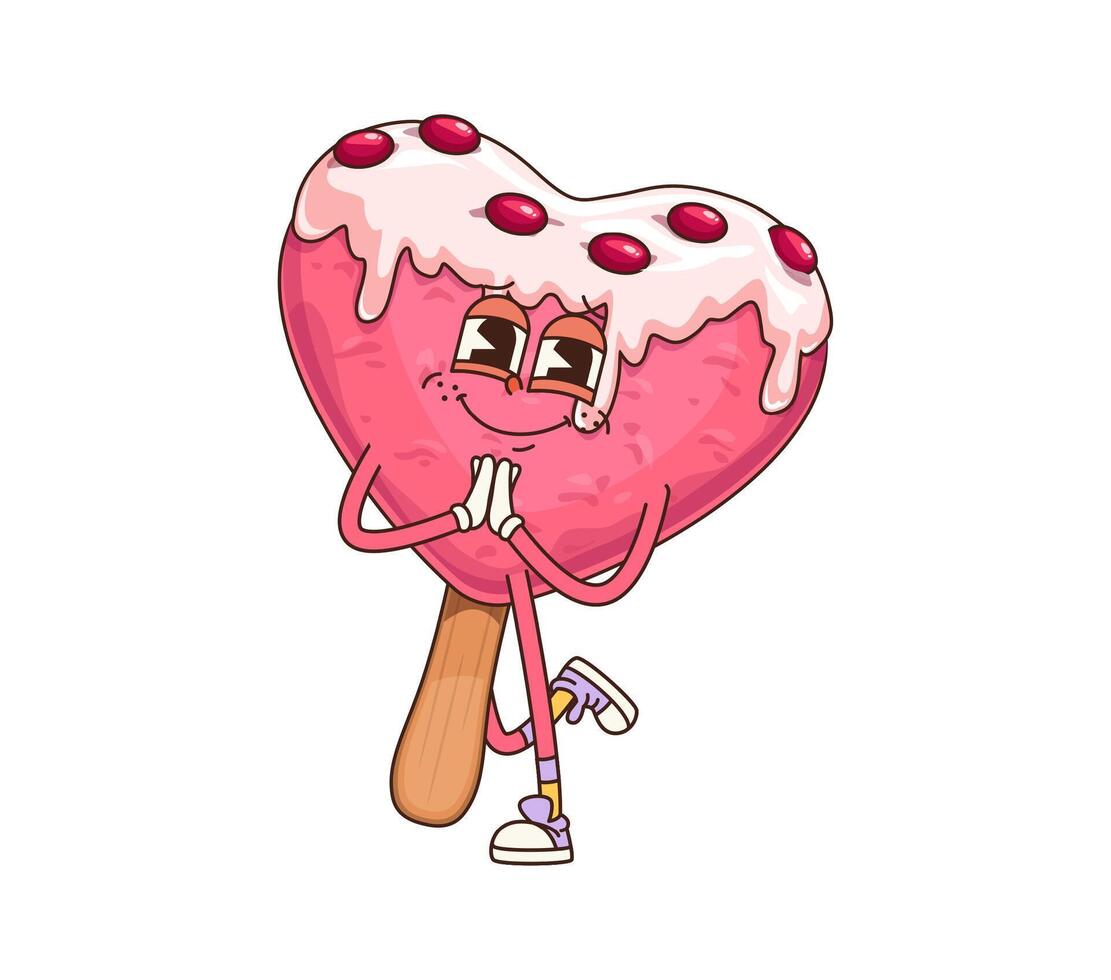 Cartoon heart shaped ice cream groovy character vector