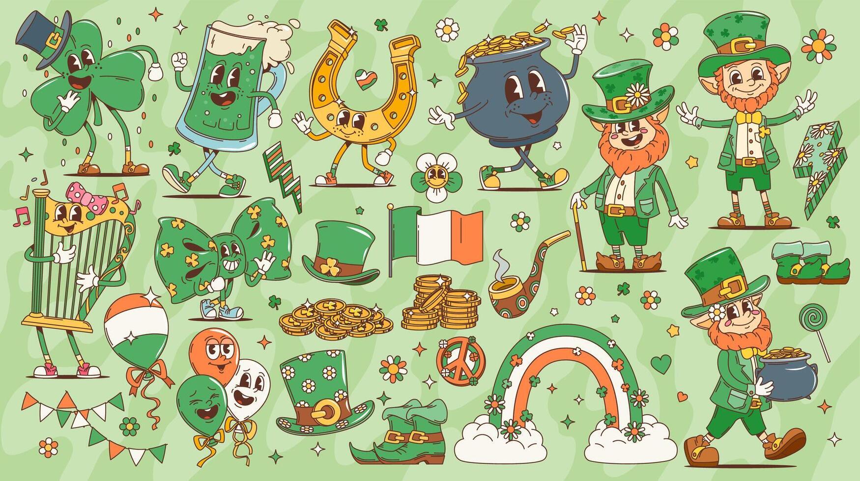 St Patrick day groovy characters, leprechauns, hat vector