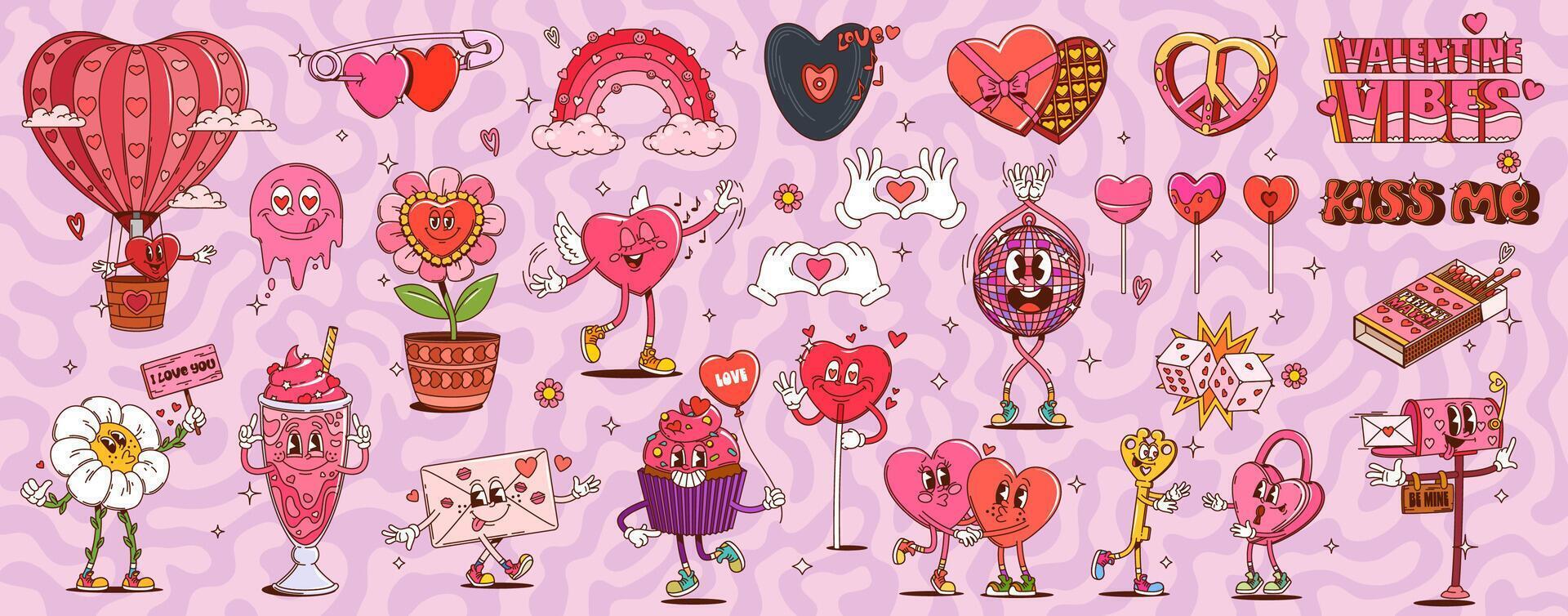 Groovy Valentines Day characters and love symbols vector