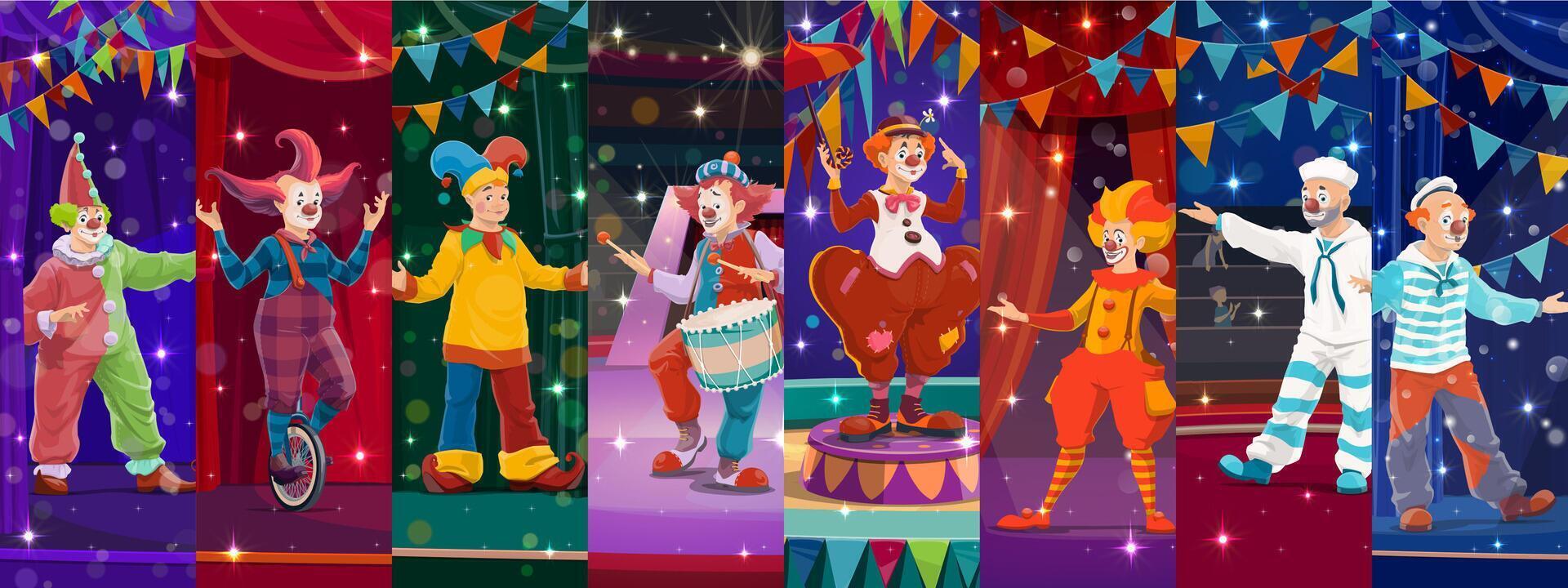 Cartoon circus clown characters, collage vector