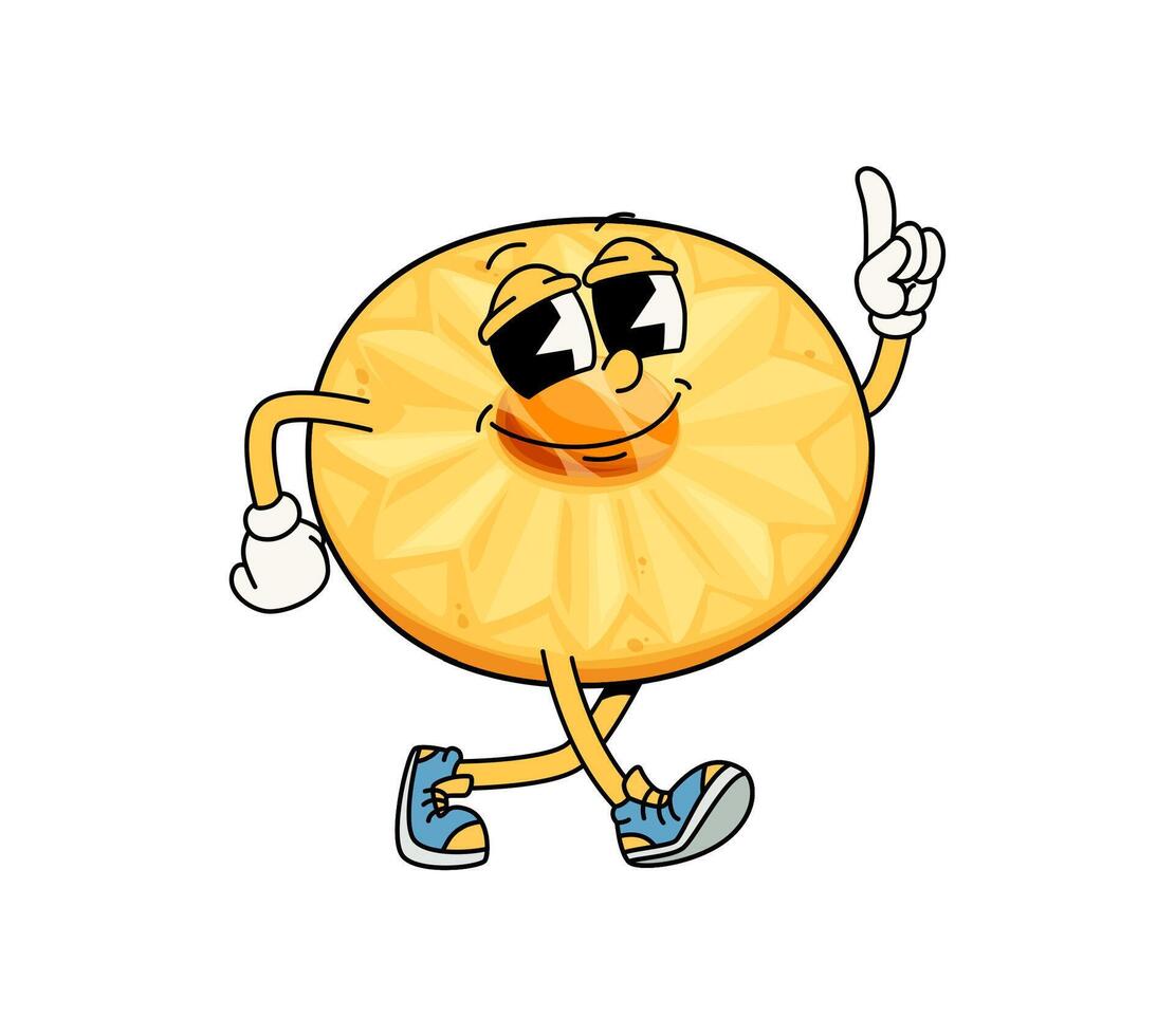 Funny groovy cookie dessert character pointing vector