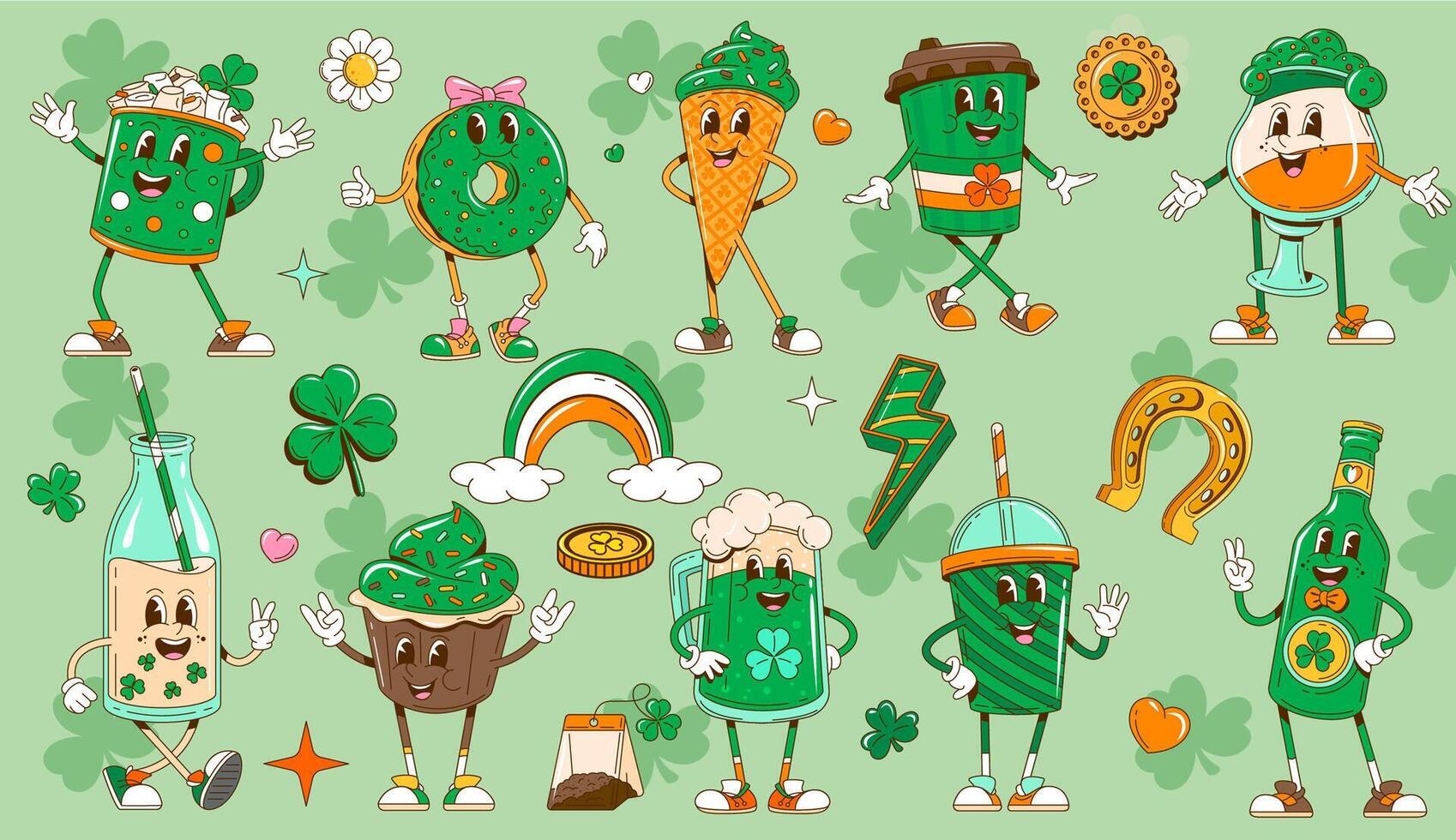 Groovy St Patrick desserts and drinks characters vector
