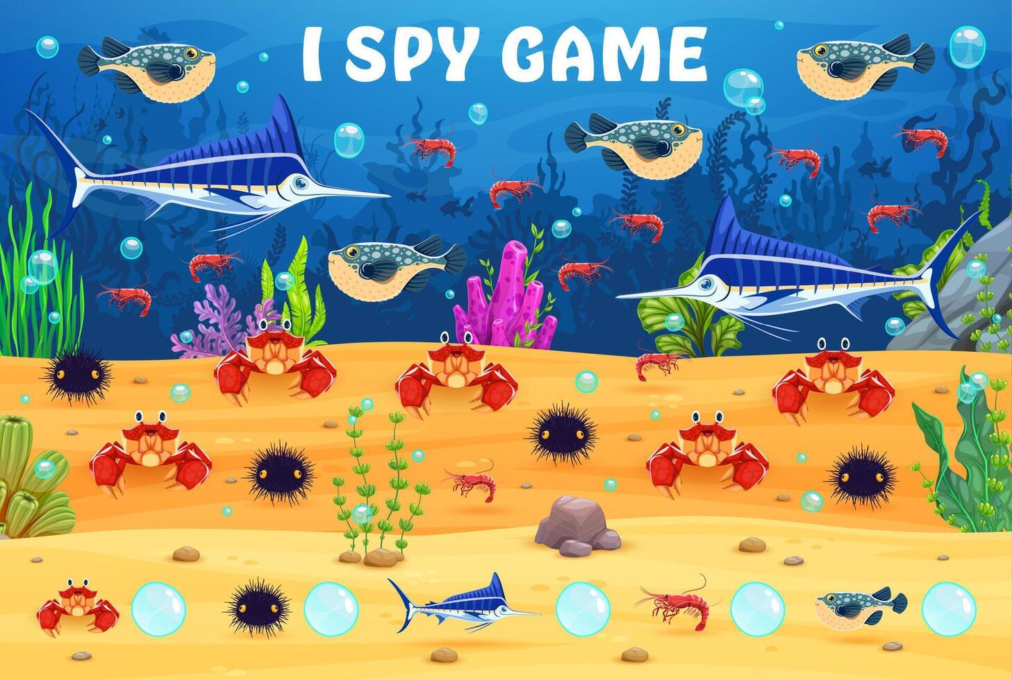 I spy game worksheet with underwater sea animals vector