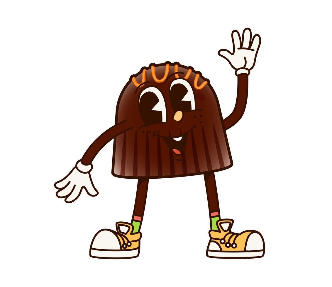 Groovy chocolate candy character waving hand vector