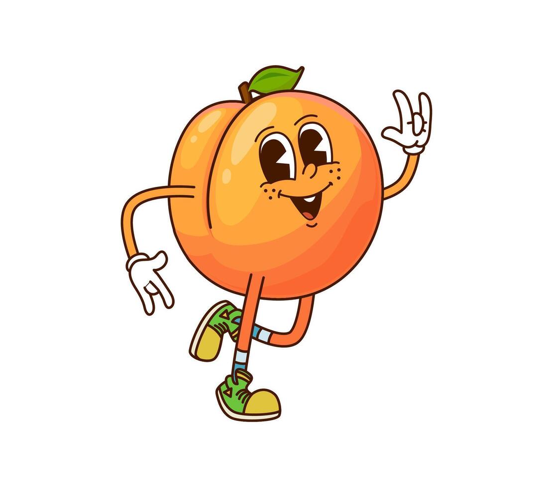Cartoon funny groovy apricot fruit retro character vector