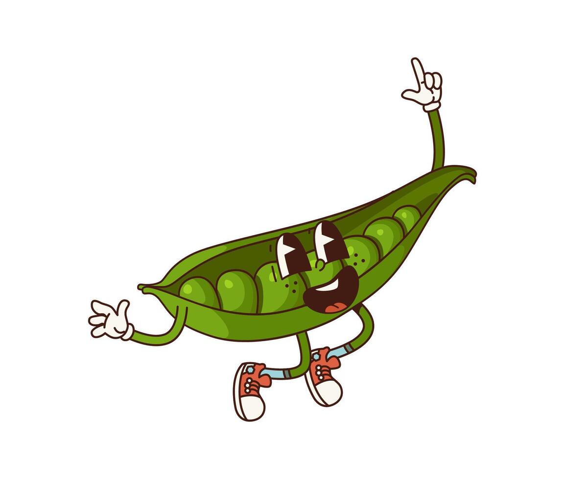 Groovy pea vegetable character cheerfully jumping vector