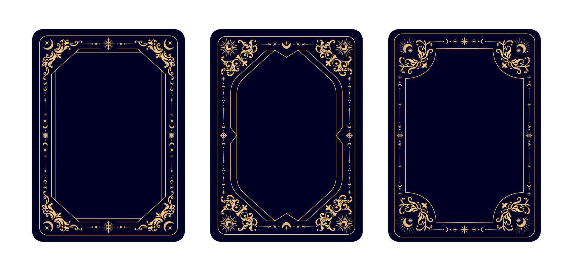 Tarot cards frames, esoteric and celestial symbols vector