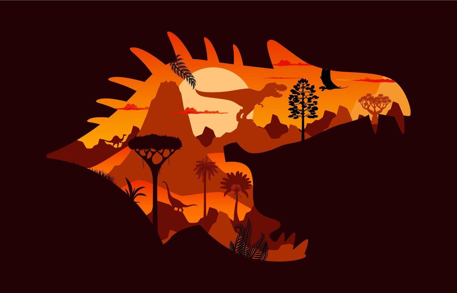 Prehistoric dinosaur head silhouette sunset vector