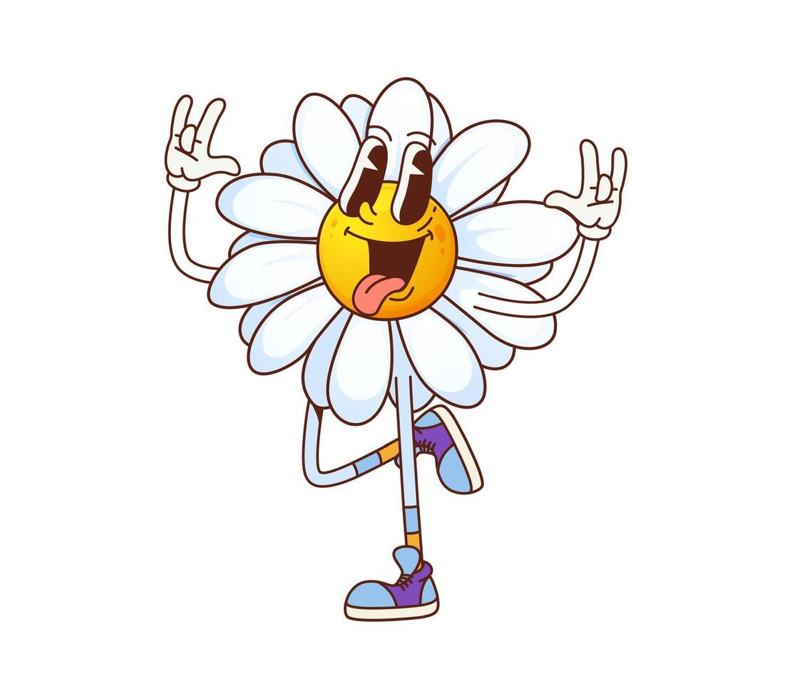 Funny groovy daisy chamomile flower silly face vector