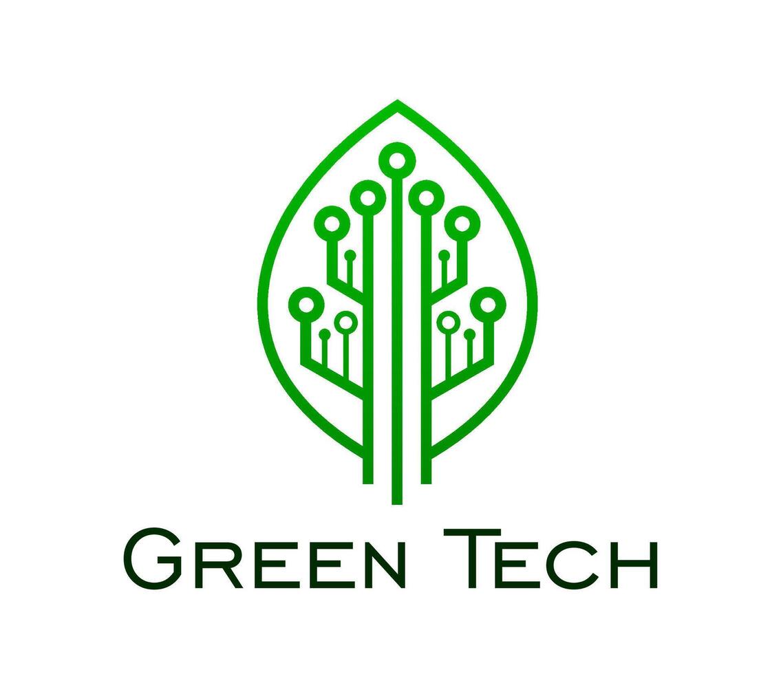 Green tech icon, leaf technology chipset circuit vector