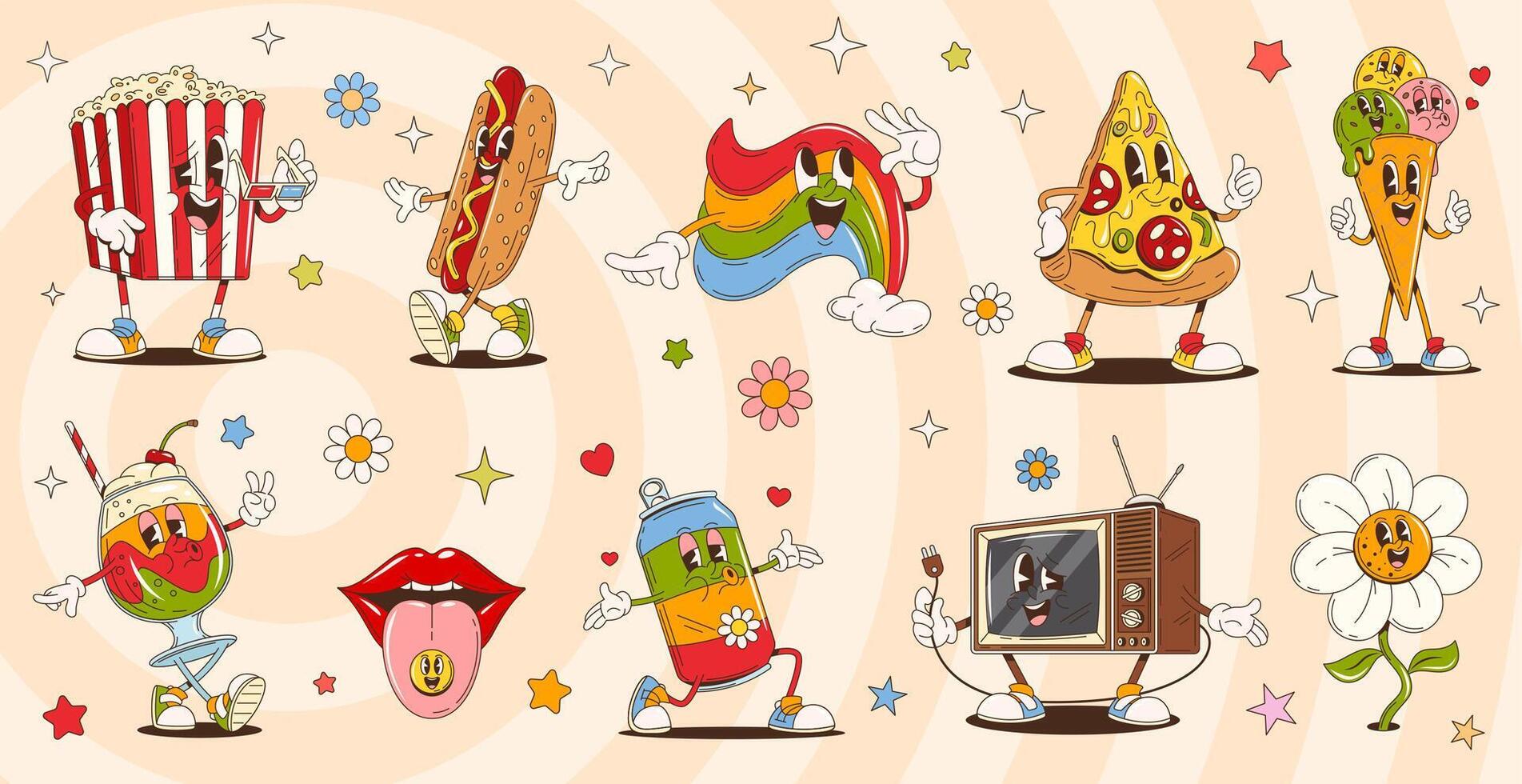 Cartoon groovy characters, cute fast food, drink vector