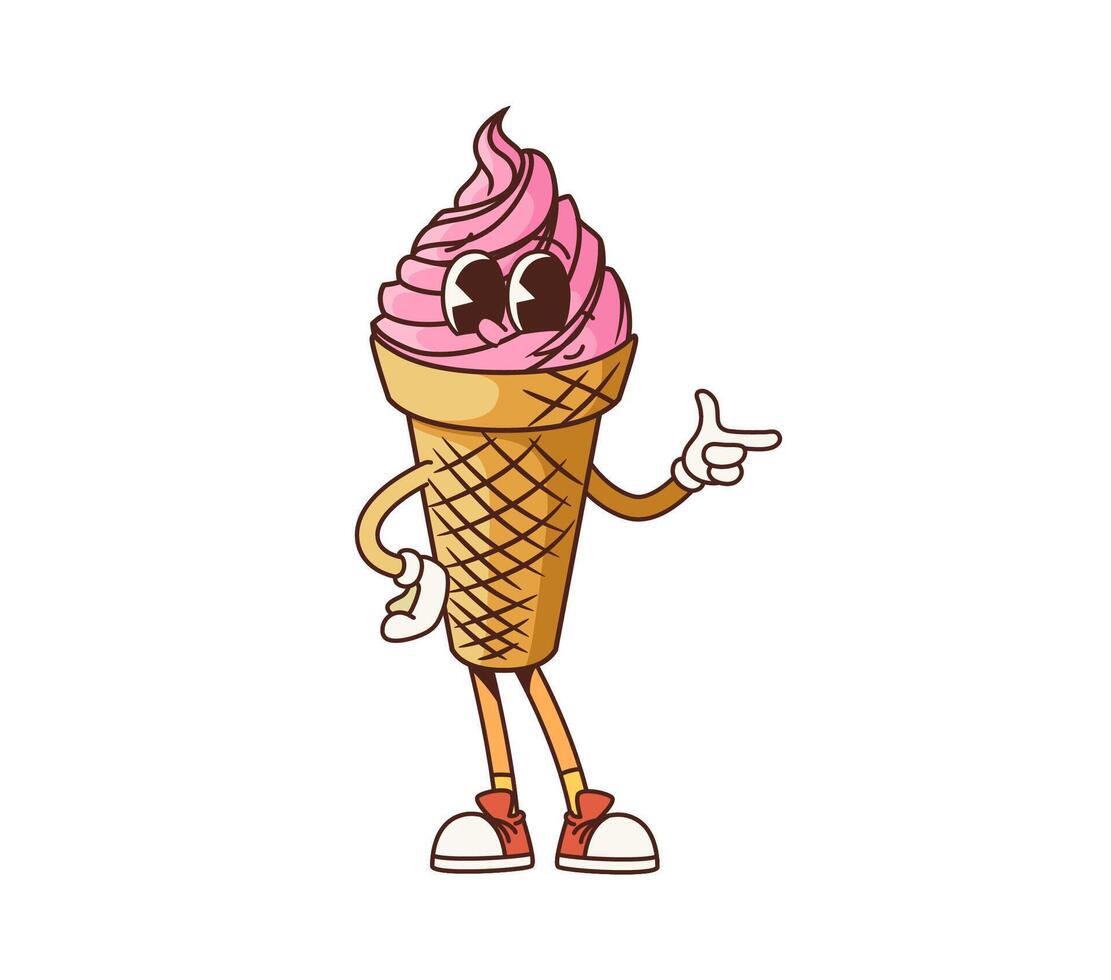 Groovy fast food ice cream cone cartoon character vector