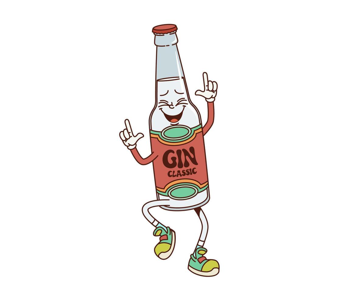Cartoon retro groovy alcohol gin bottle character vector