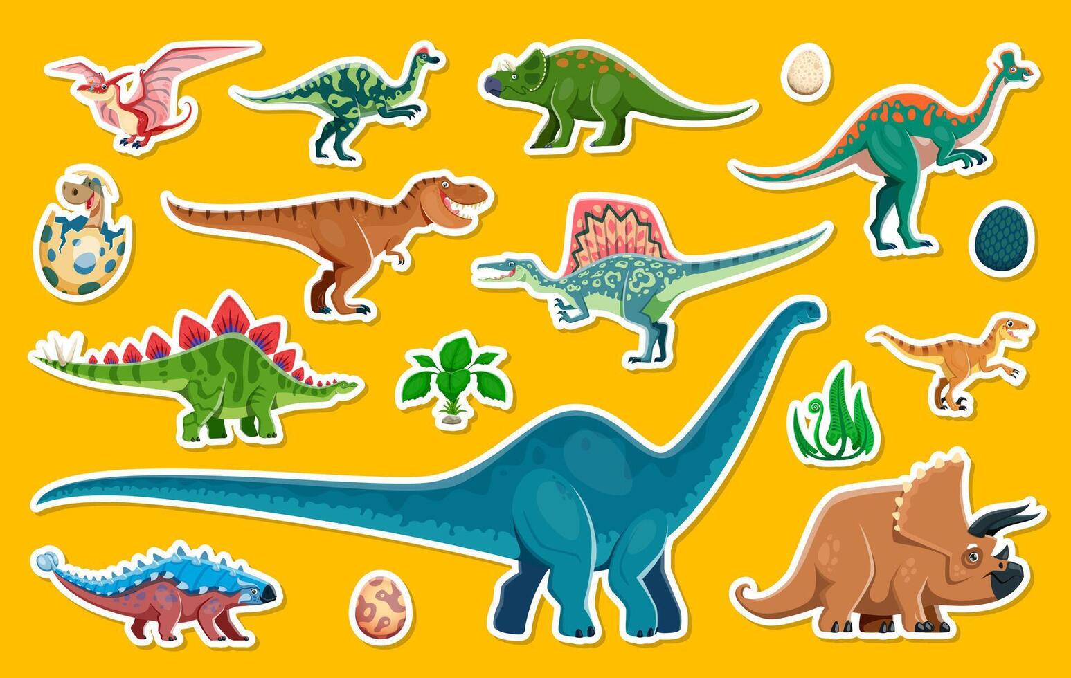 Dinosaur characters stickers, cartoon patches set vector