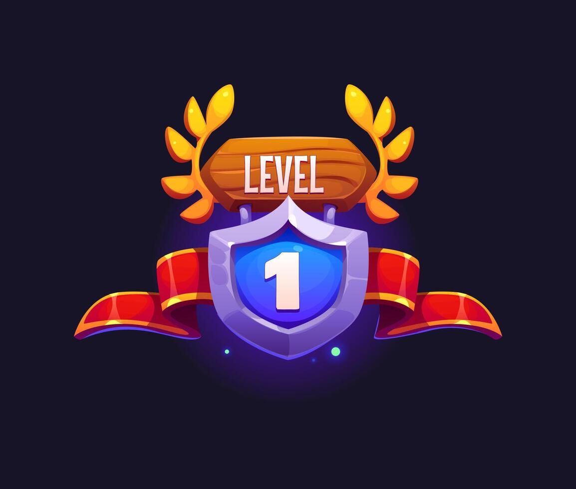 Game level up badge, victory rank shield, ribbon vector