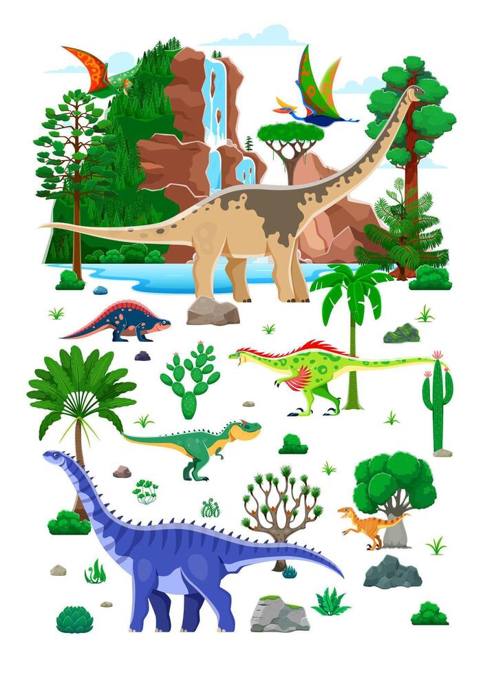 Prehistoric dinosaur characters in lush landscape vector