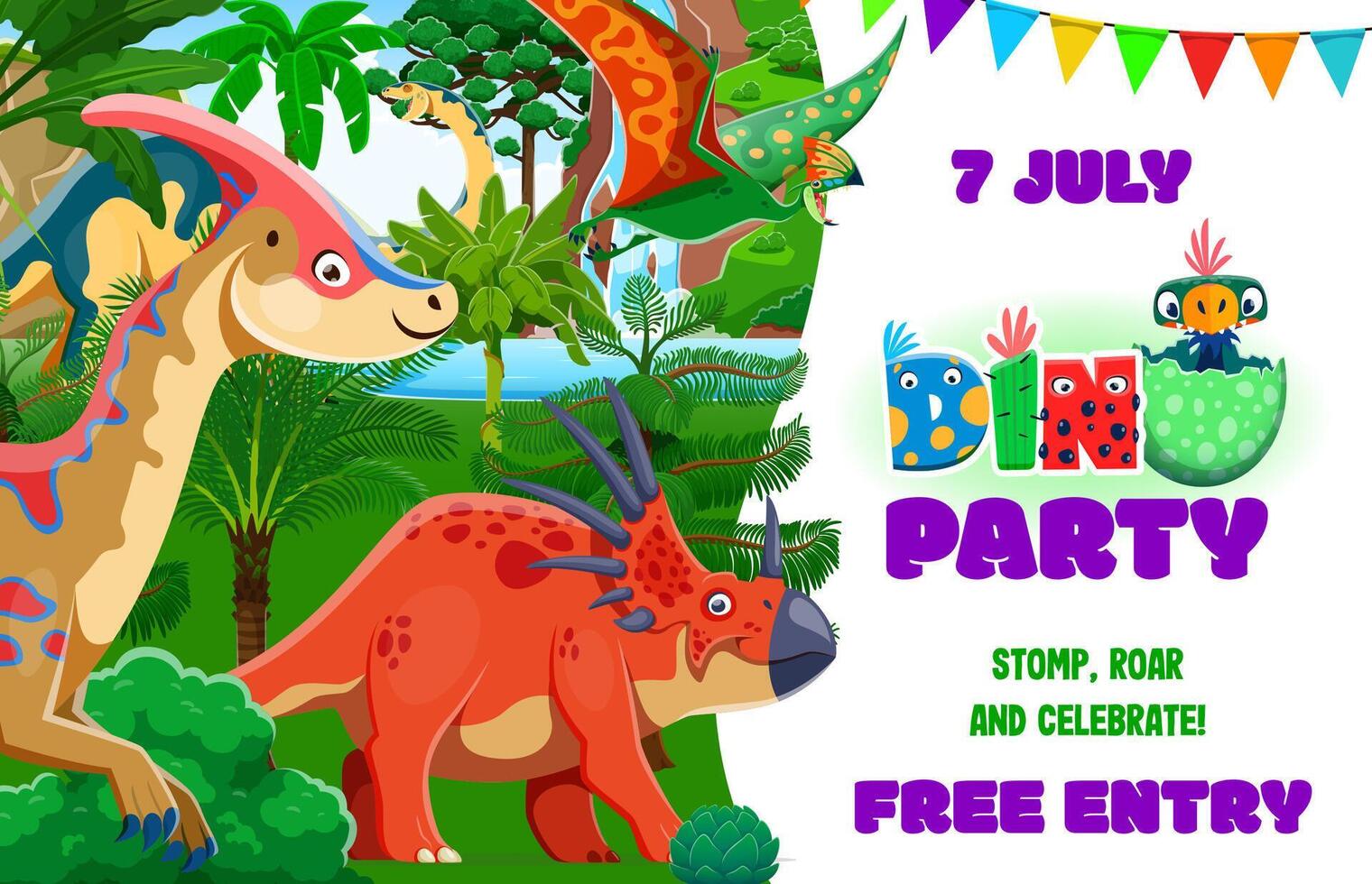 Kids dino party flyer with cartoon funny dinosaurs vector
