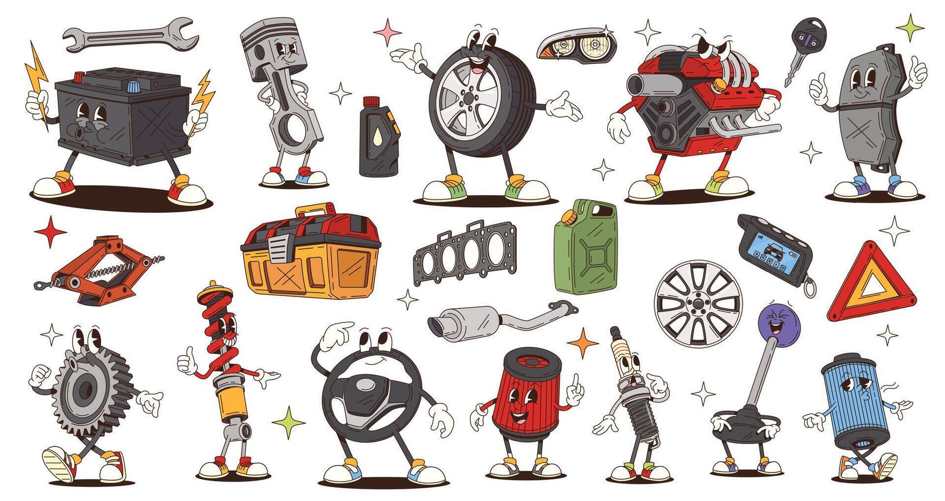 Retro cartoon groovy car spare parts characters vector
