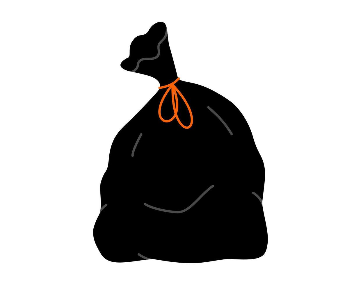 Hand drawn cute cartoon illustration of big garbage bag. Flat black plastic package with trash, environmental pollution design in colored doodle style. Waste sorting sticker, icon. Isolated. vector