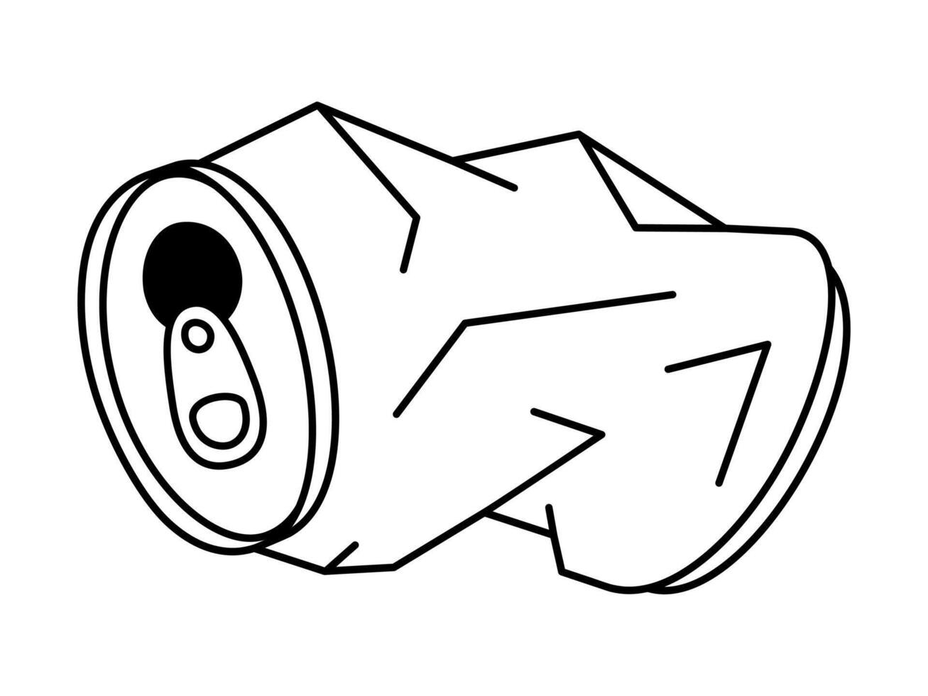 Hand drawn cute outline illustration of crumpled soda can. Flat recycling metal trash or environmental pollution doodle line art. Crushed beverage tin sticker or icon. Waste sorting. Isolated. vector