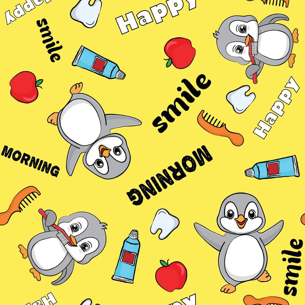 Cartoon isolated seamless pattern Penguins in the morning on yellow sunny background vector